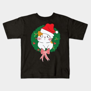 Cute Santa Hat Cat Christmas Wreath Xmas Gift Kids T-Shirt